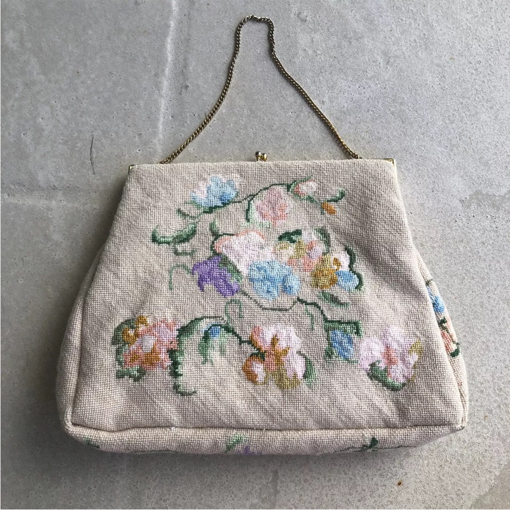 Floral Tapestry Carpet Bag Purse Vintage 50s 60s Embroidery Needle Mary Poppins